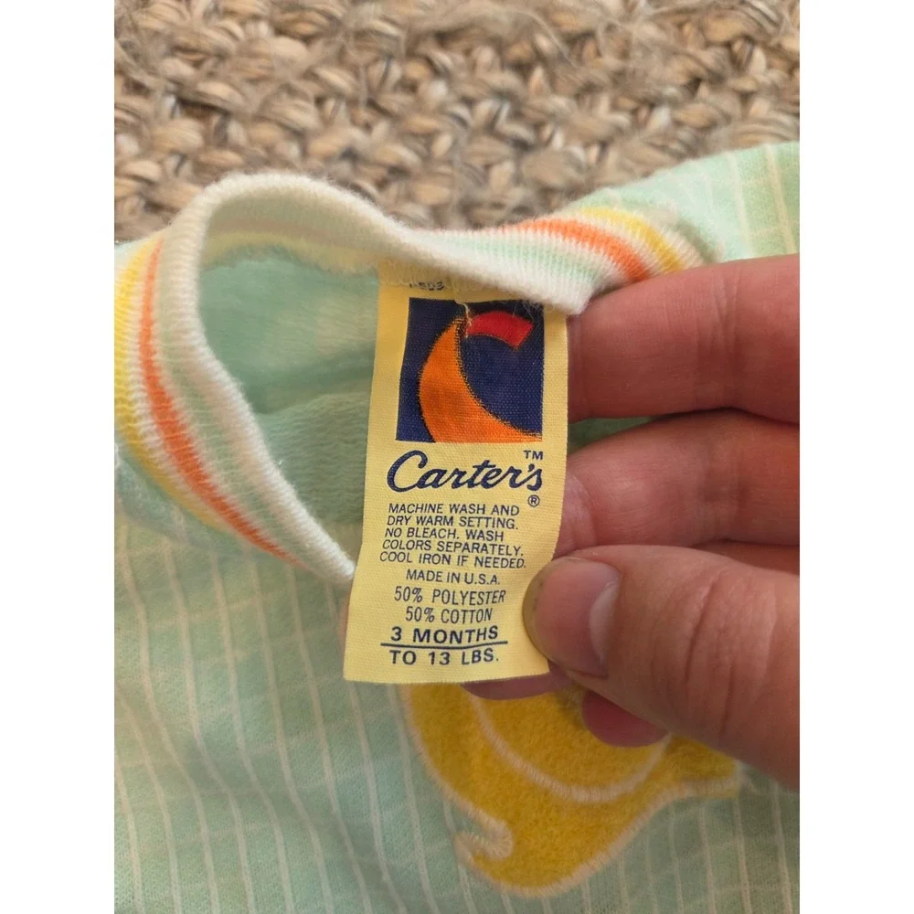 Vintage 80s Carter's Outfit Romper Sleeper Green Yellow Snail Applique Infant 3m